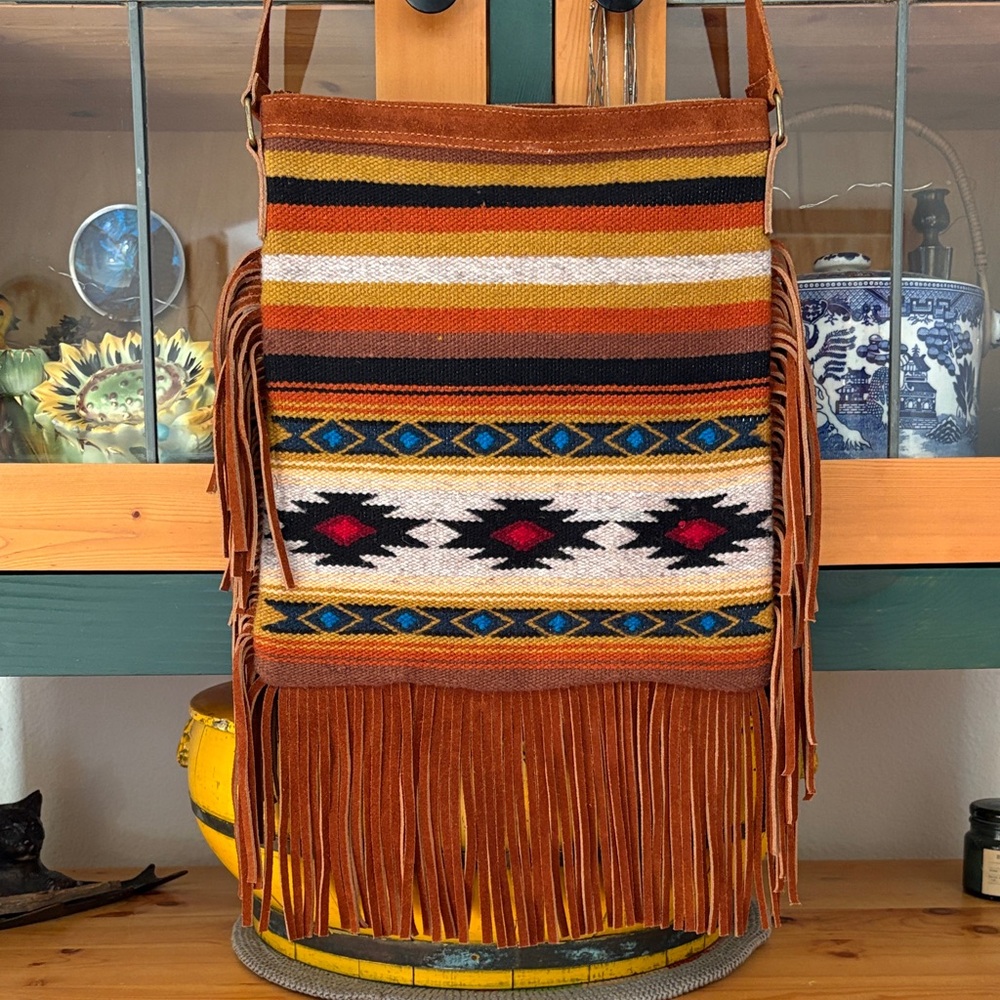 Fair Trade Handmade Woven Wool & Suede Fringe Crossbody Bag-NWOT’s